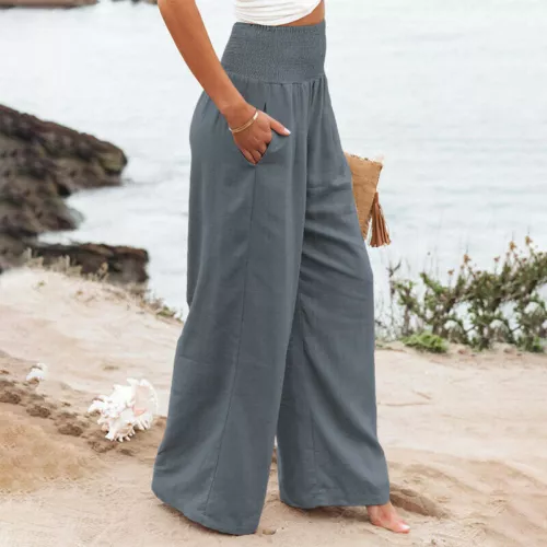 Women's High Waist Cotton Linen Trousers Ladies Casual Baggy Wide Leg Yoga - Picture 21 of 56