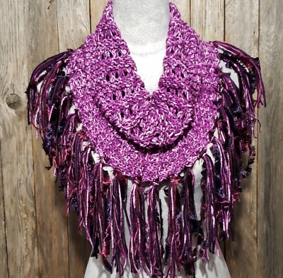NEW Hand Knitted Purple Boho Cowl Scarf Fringe Boho Eyelet Coquette Coastal Art