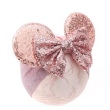 Baby Girl Mouse Ears Turban Headwrap with Gold Sequin Bows Wide Velvet Hairba...