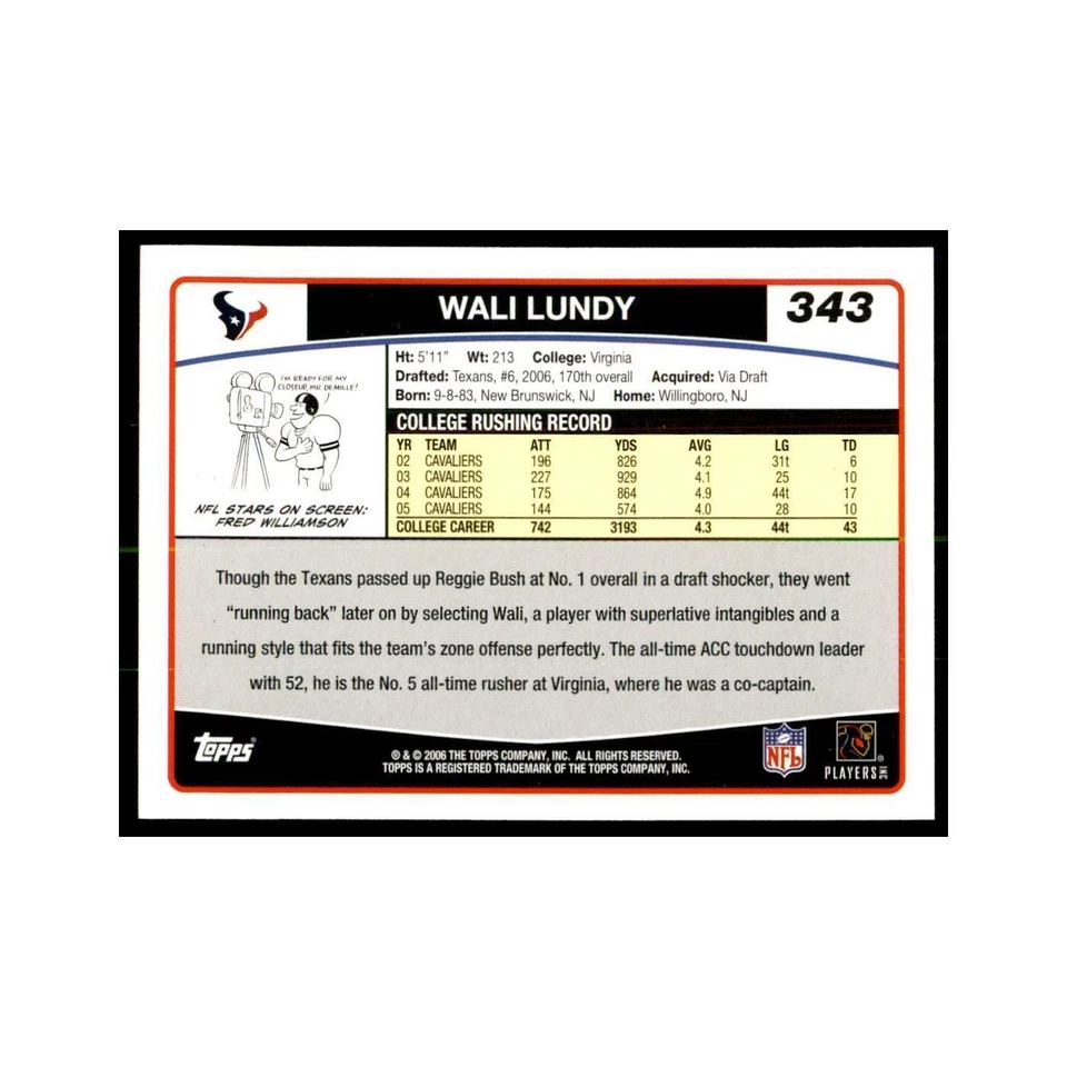 Wali Lundy Rookie 2006 Topps #343 Football Cards Football Card NM - Image 2 of 3