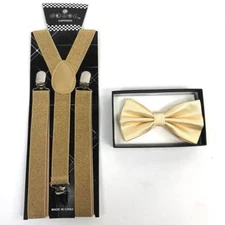Light Gold Color Diamond Bow Tie & Glitter Suspenders Wedding Prom Party