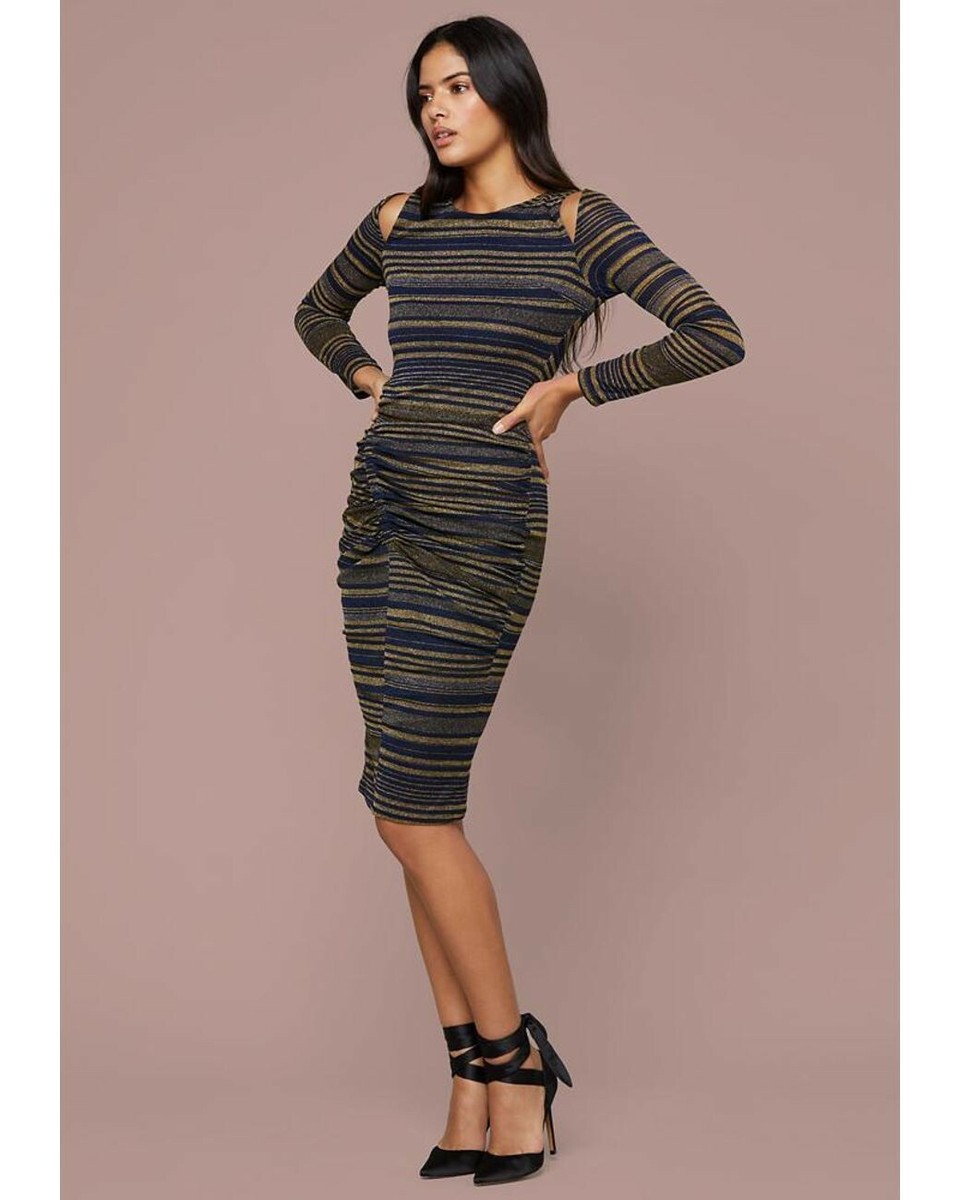 striped ruched dress Glassworks London Ivory And Blue Vertical Striped Ruched Bodice Dress
