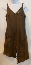Animale 3 4 Brown Linen Pintucks Beads V Neck Strappy Art Short Asymmetric Dress