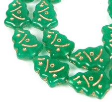 10 Czech Glass Christmas Trees Beads : Opaque Green - Gold Inlay 17x12mm
