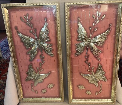 2 Vintage MetalCraft Butterfly 3D Gold Foil Wall Art by Philippe Mirror Image