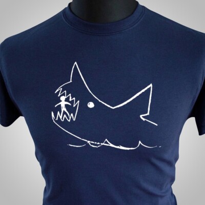 Blackboard Shark Sketch T-Shirt Quint Jaws Fishing Movie Great White Blue