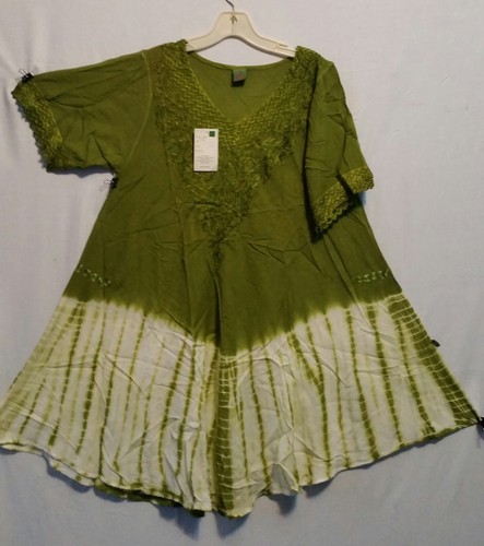 Women Clothing Blouse Shirt Short Dress Summer Beach Party Green White Free Size - 第 2/7 張圖片