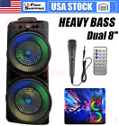 Dual 8" Portable Bluetooth Speaker Sub Woofer Heavy Bass Sound System Party &Mic