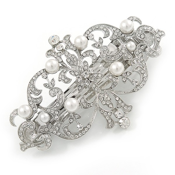 Bridal/ Prom Rhodium Plated Open Cut Clear Crystal, White Glass Pearl Barrette