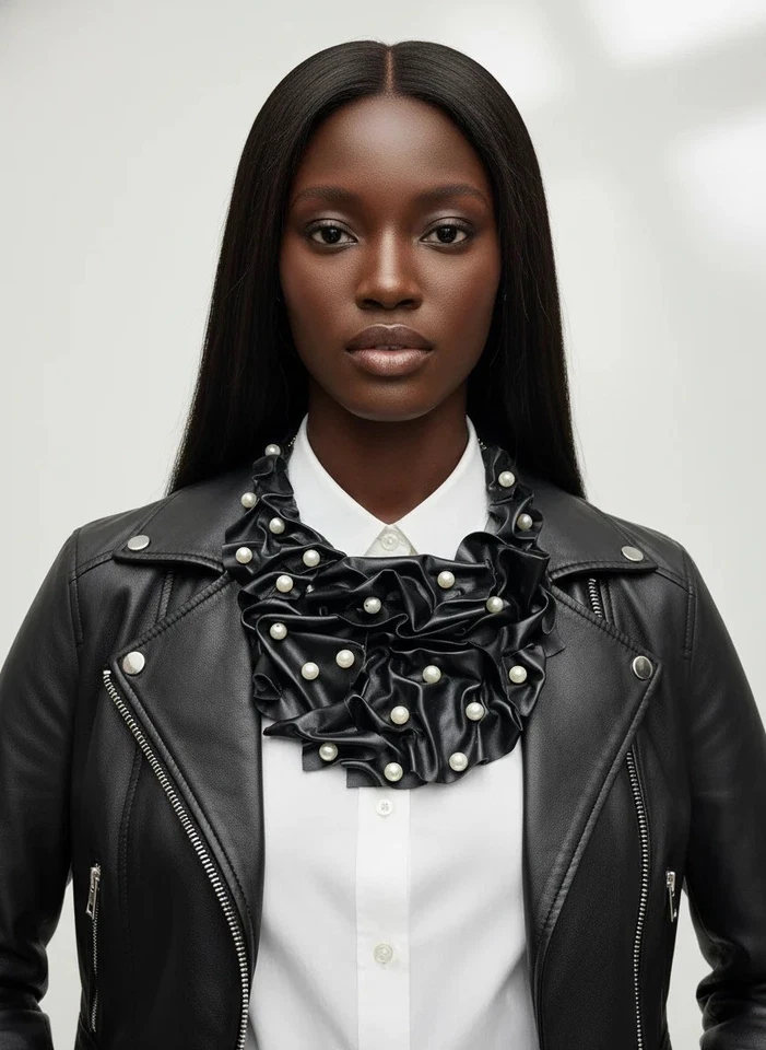 Collar con volantes de cuero negro adornado con perlas - Joyería de alta costura Foto 2 de 4