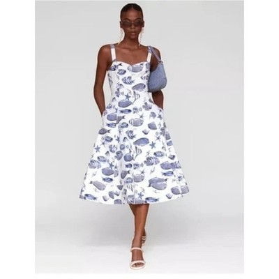Avec Les Filles Fish Print Cotton Dress Blue White Womens Size 10 Sweetheart