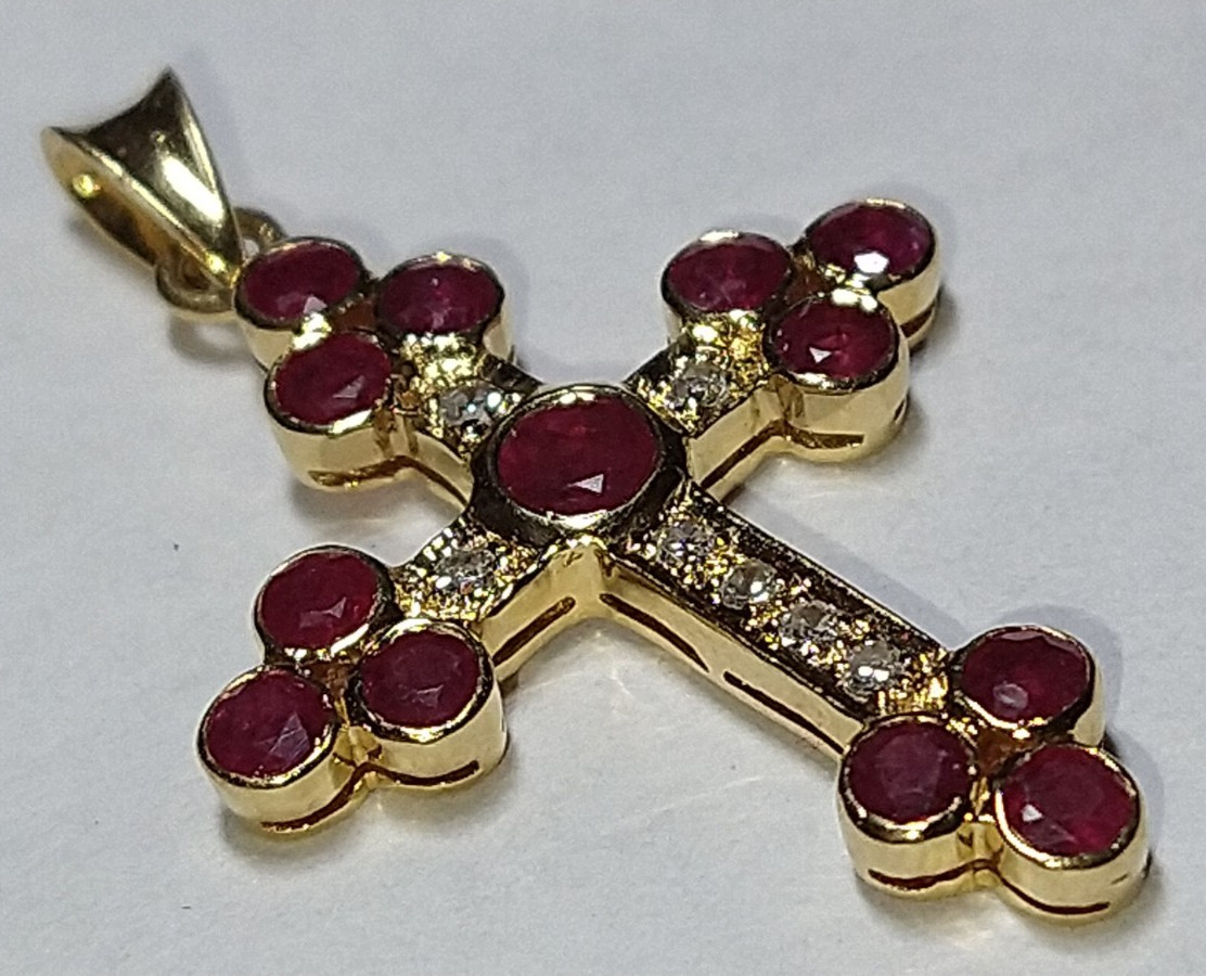 Solid 18k gold natural ruby diamond cross pendant… - image 6