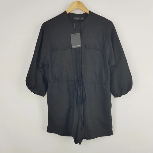 Decjuba Womens Size 8 Black Long Sleeved Playsuit Shorts Linen Blend New Tags