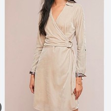 NWT Anthropologie Maeve Beige Partial Wrap Velvet Shirt Dress Size 14  AA0510
