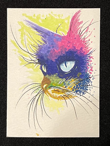 ACEO Original, Abstract Whimsical Colorful Cat,  Mini Art Painting, by Annibbie