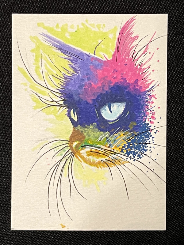 ACEO Original, Abstract Whimsical Colorful Cat,  Mini Art Painting, by Annibbie