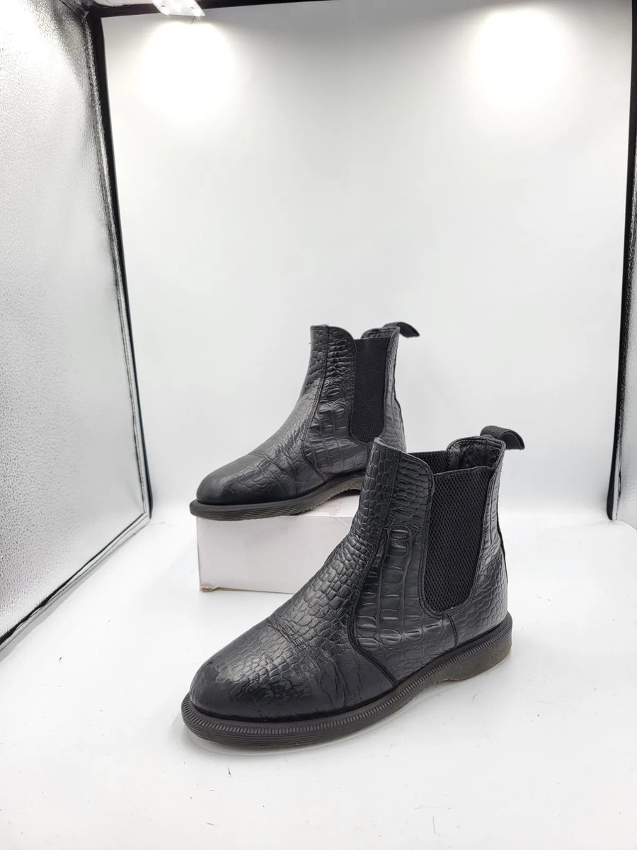 Martens Flora Snake Croc Print Leather Black Chelsea Boots UK