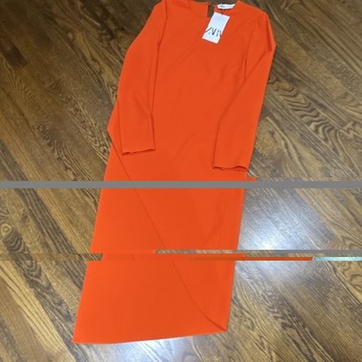 ZARA Orange Asymmetric Midi Dress M Long Sleeve Crew Neck Crepe Party