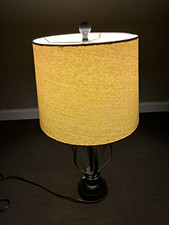 Black Metal Table Lamp w/ Beige Fabric Drum Shade, Pull Chain, Corded
