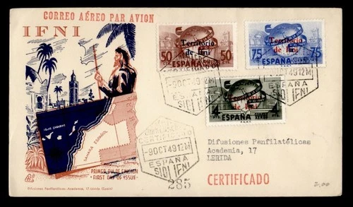 DR WHO 1949 SPANISH IFNI OVPT FDC UPU 75TH ANIV DD CACHET COMBO R29197