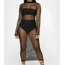 IRIS Los Angeles Black Sheer Mesh Long Sleeve Mock Neck Midi Dress With Zipper