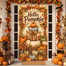 Hello Pumpkin Door Banner Pumpkin Fall Door Cover Fall Harvest Porch Banner f...