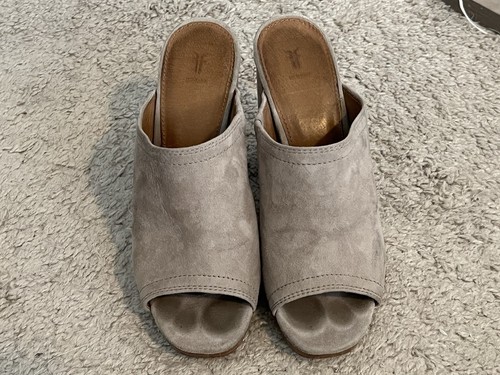 Frye Blake Gray Taupe Suede Peep Toe Mules Size 8.5 Block Heel