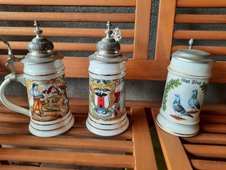 3x Alte Bierkrüge mit Zinndeckel Ton Steingut Steinzeug