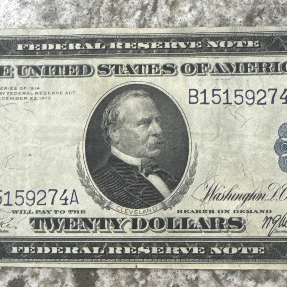 1914 $20 Federal Reserve Note – Blue Seal – Grover Cleveland- Large Bank Note - Image 3 of 4