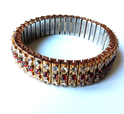 Bracelet vintage extensible doré en acier inoxydable - 3 rangées de pierres - Photo 1/4