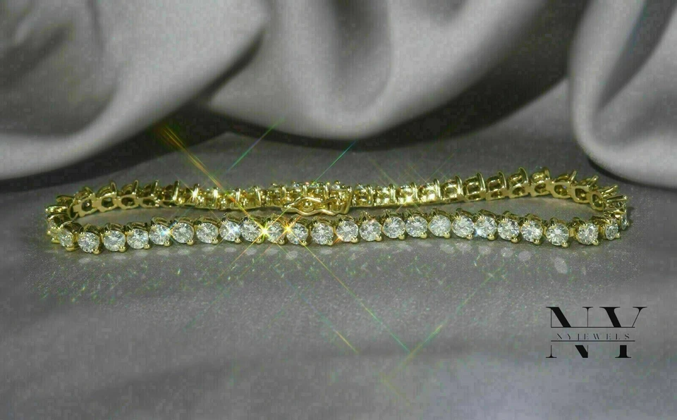 Brazalete de tenis para boda de 7 pulgadas de oro amarillo sólido de 10 k corte redondo de 5 quilates para mujer Foto 2 de 4