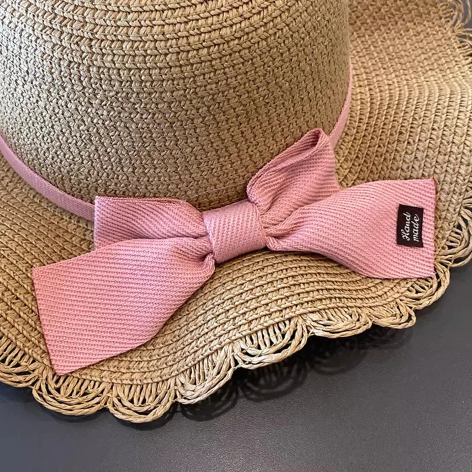 2PCS Baby Girls Bow Wide Brim Summer Hats Sun Beach Straw Hat With Shoulder Bag - Image 4 of 4