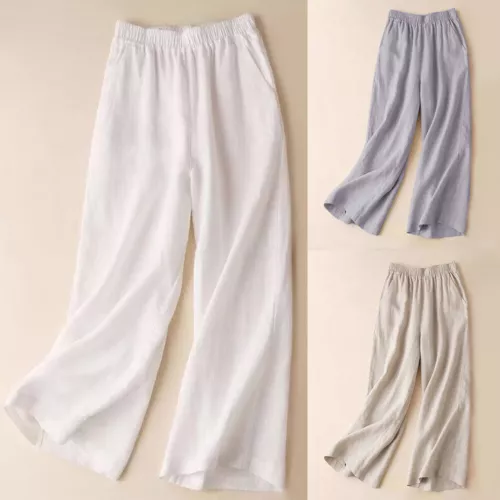 Summer Women Drawstring Waist Wide Leg Loose Cotton Linen Solid Pants Asian - Picture 2 of 24