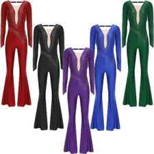 Womens Rompers Mesh Jumpsuit Costume Dancewear Stage Latin Back Dance Ruched