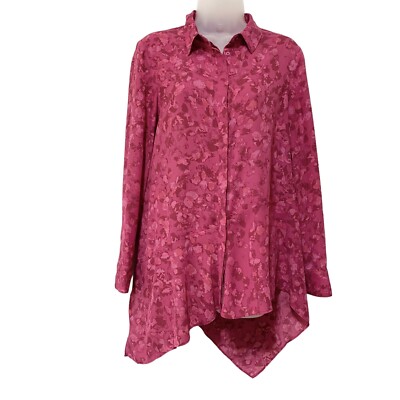 H Halston Pink Floral Tunic Top Sz S Button Front Long Sleeve Asymmetrical Hem