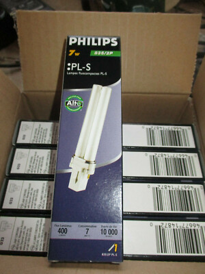 CASE OF 10 PHILIPS 7W COMPACT FLUORESCENT BULBS  PL-S 835/2P G23 PLS 7W 835 2P