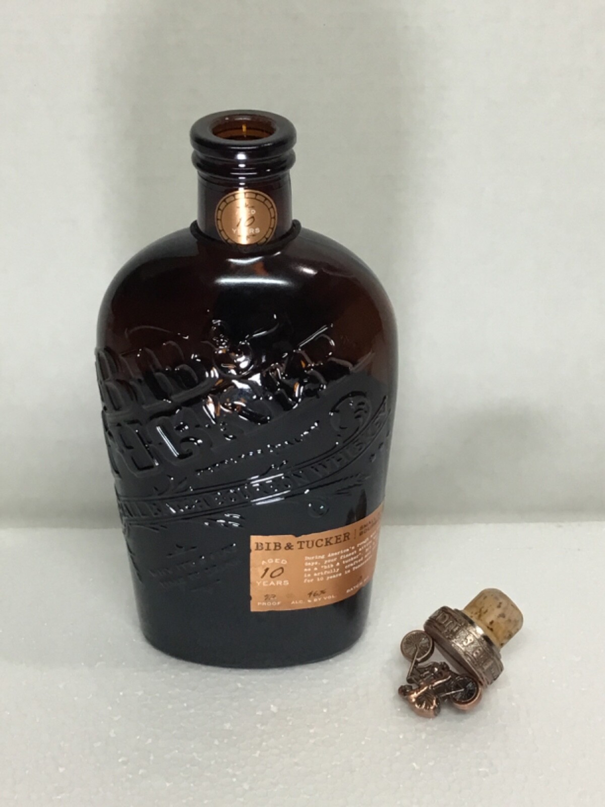 Empty Bib and Tucker 10 yr bourbon whiskey bottle with limited edition