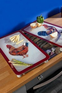 Set Of 2 Kitchen Cockerel Farm Cutting Chopping Board Oven Hob