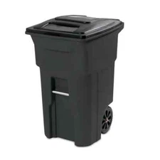 64 Gallon Black Rolling Outdoor Garbage/Trash Can with Wheels and Attached Lid