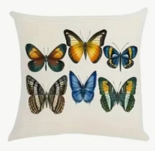 BUTTERFLY GARDEN Linen Throw Pillow Cover Holiday Spring HOME Decor 18”