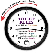 BACKWARDS REVERSE WALL CLOCK - Bathroom Toilet Rules - FUNNY NOVELTY RARE GIFT