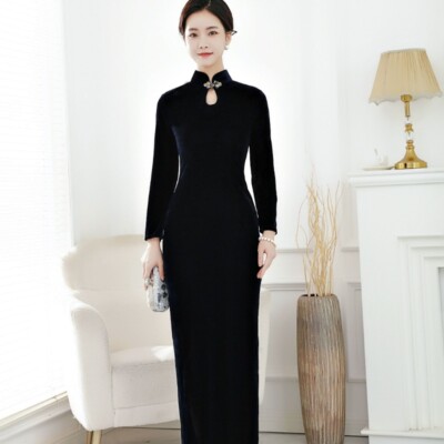 Lady Velvet Long Dress Cheongsam Qipao Long Sleeve Chinese Traditional Ethnic