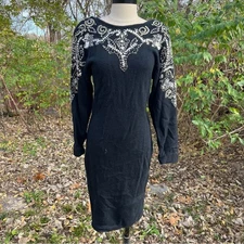 Vintage 80s 90s sarah taylor black silk angora beaded sweater dress midi MEDIUM