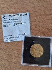 1914 Sydney Mint King George V Gold Sovereign UNC - With Monetarium Paper