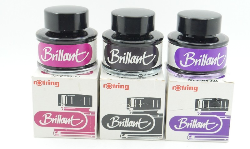 3 30ml Bottles Of Rotring Brillant Ink - Black, Red, Purple - Unused