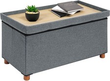 Bonlife Footstool for Living Room,Grey Ottoman Storage Box with Tray,Folding Ot