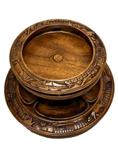 Vintage 2 Tier Hand Carved Wooden Lazy Susan Charcuterie Board Tray