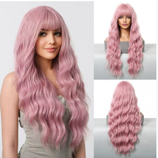 Extra Long Wavy Pink Color Synthetic Hair Wigs With Bangs Women Soft Party