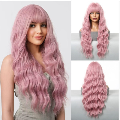 Extra Long Wavy Pink Color Synthetic Hair Wigs With Bangs Women Soft Party