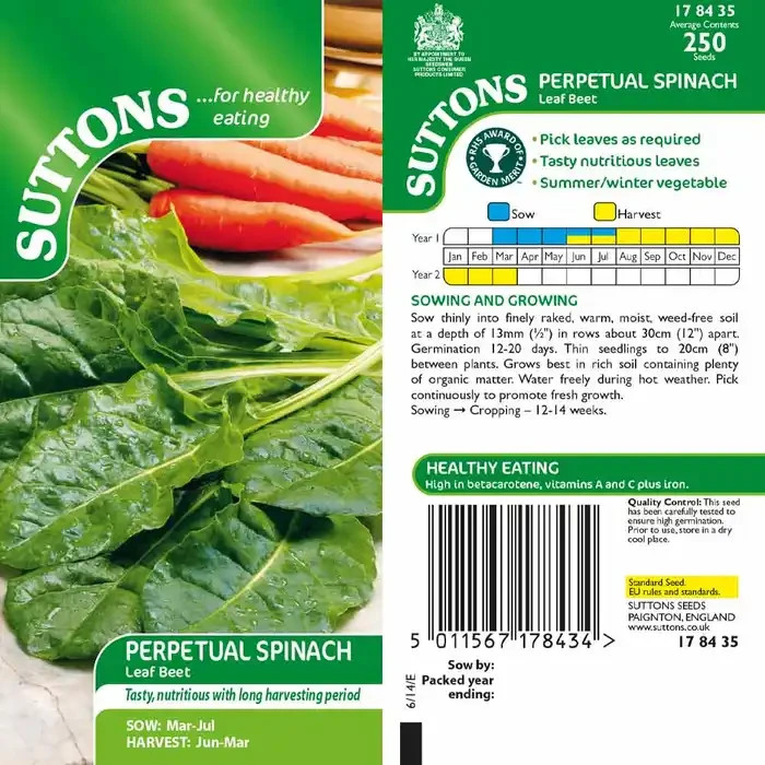Sutton Seeds -  PERPETUAL SPINACH  Seeds - Leaf Beet